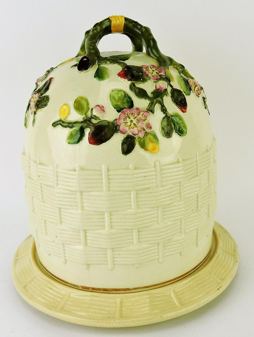 George Jones 12 1/2" albino majolica: apple blossom cheese keeper