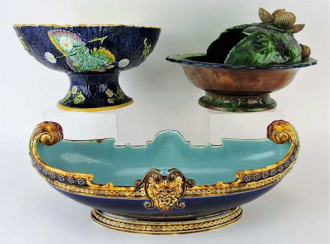 Majolica lot of 3 pieces; Fielding: compote, French chestnut server, and Sarreguemines table center; various condition