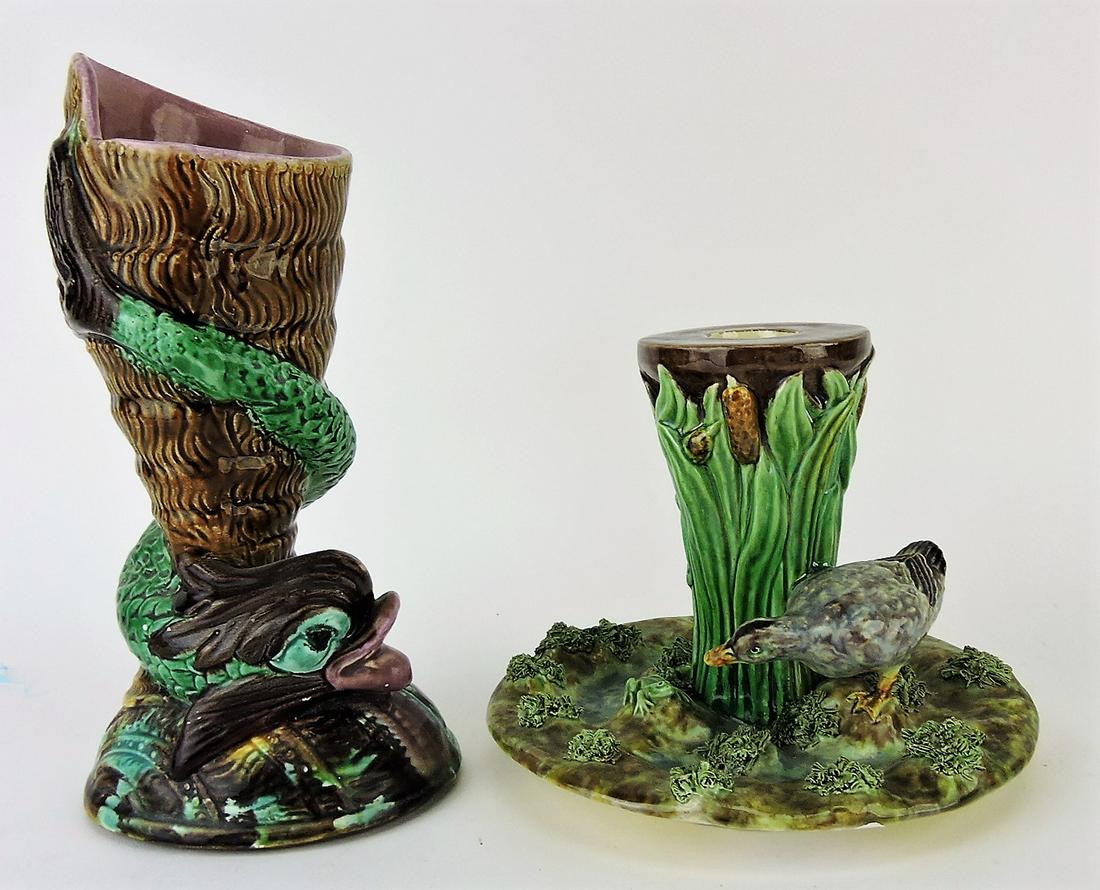 Majolica dolphin and shell vase,: 8" AND Portugal duck palissy 5" candlestick