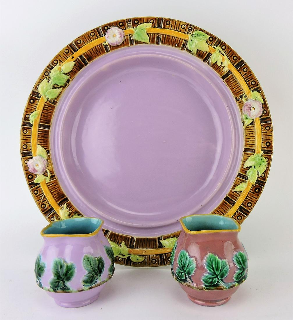 George Jones majolica picket fence: cheese keeper base and 2 strawberry sugars