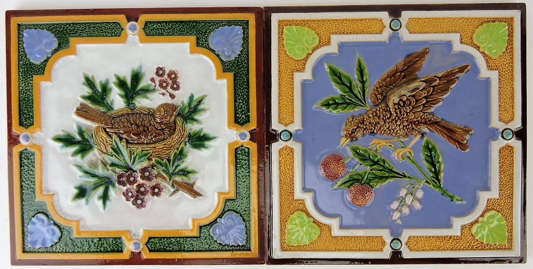 Minton majolica lot of 2 - 8" tiles with: birds