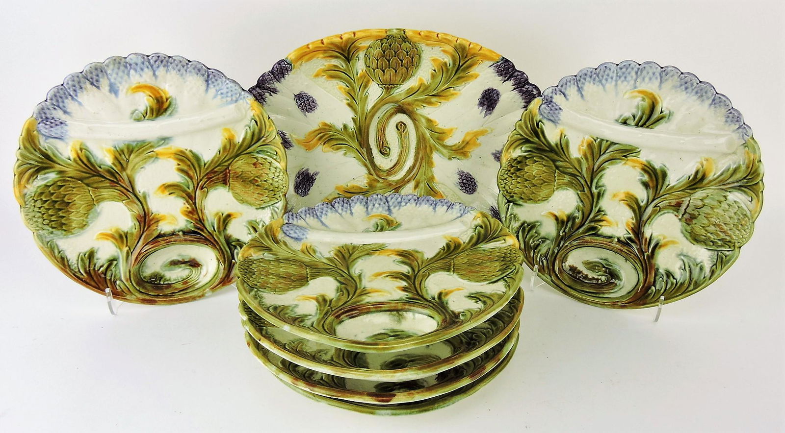 French majolica asparagus 7 piece: set with 13 1/2" platter and 6 - 9 1/2" plates