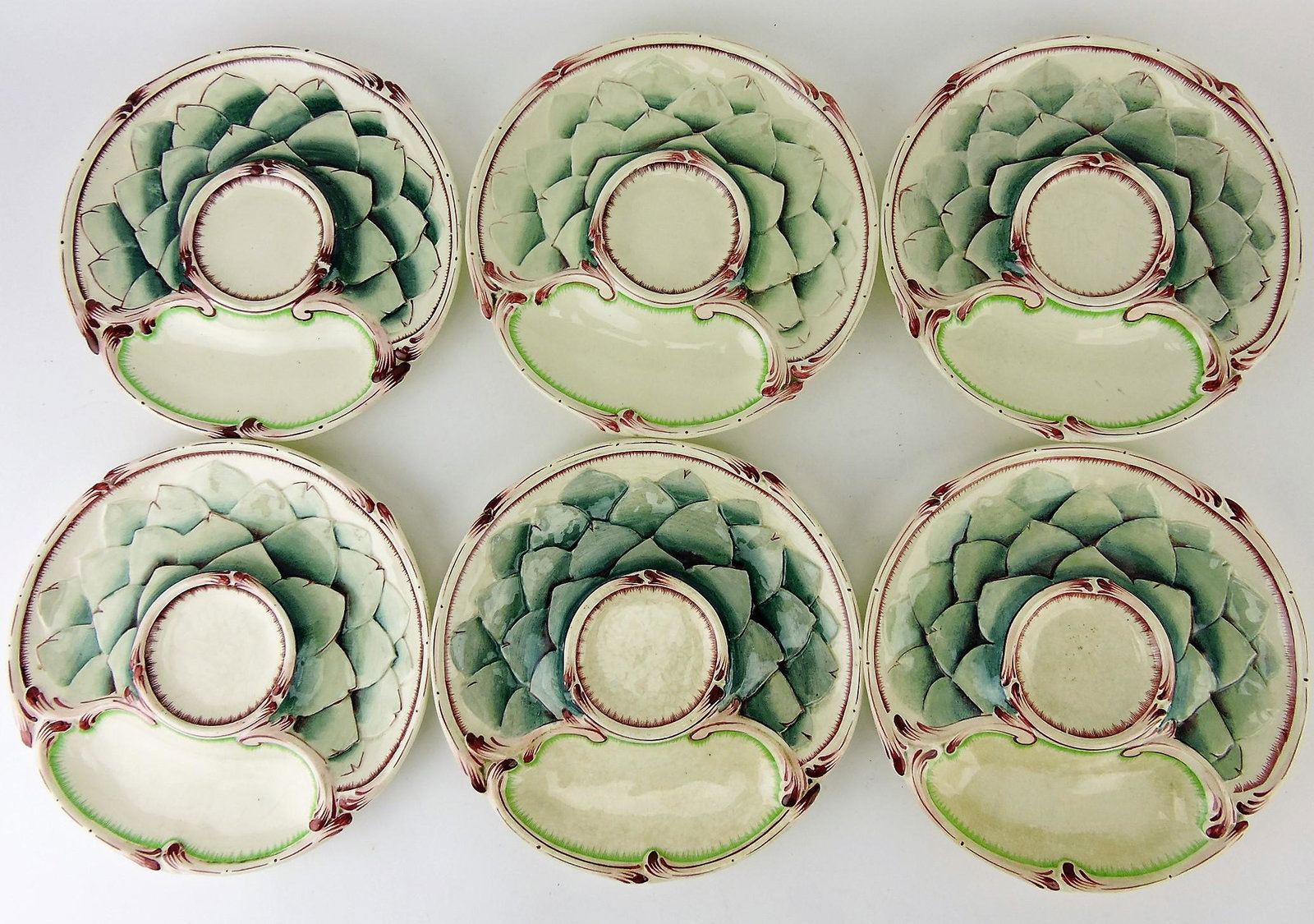 Sarreguemines majolica set of 6: artichoke plates, some wear