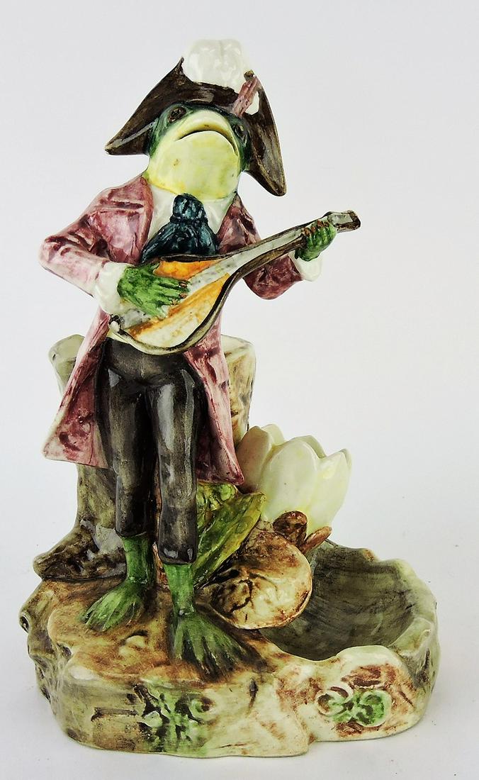 Continental majolica frog with mandolin: figural match striker, 8 1/2"