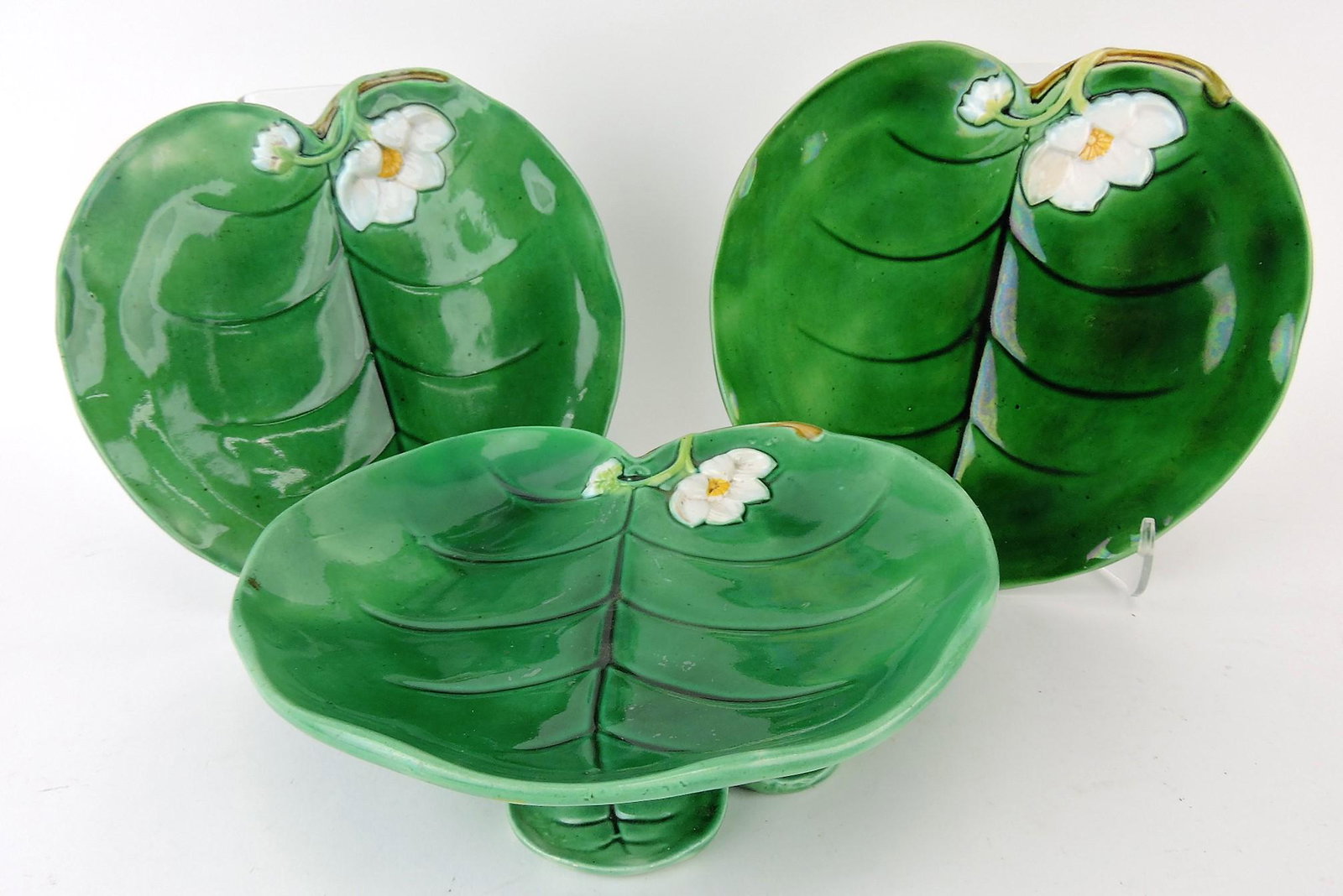 George Jones majolica pond lily: compote, 9" (professional rim repair) and 2 matching 8 1/2" plates