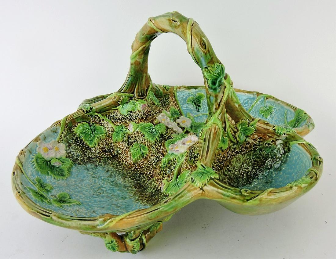 George Jones majolica four part: strawberry basket with vine handle and feet, 11 1/2"w