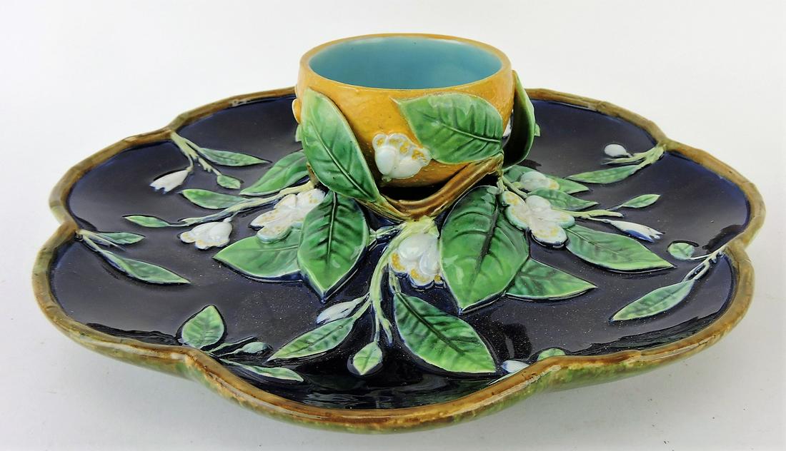 George Jones majolica cobalt server: with orange marmalade center (no lid), 11 1/2"