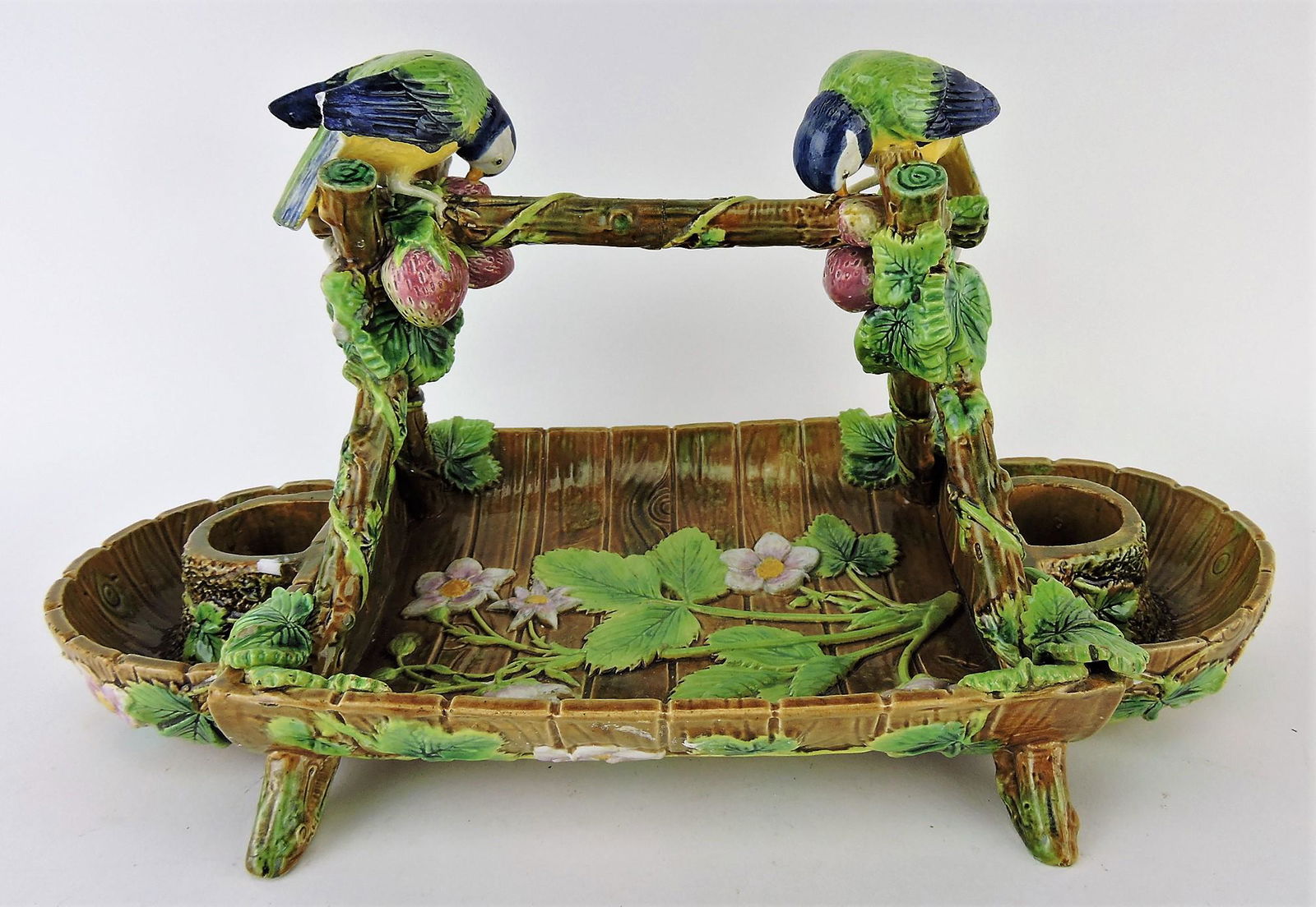 George Jones majolica blue tit: strawberry server, 15", various repair and losses