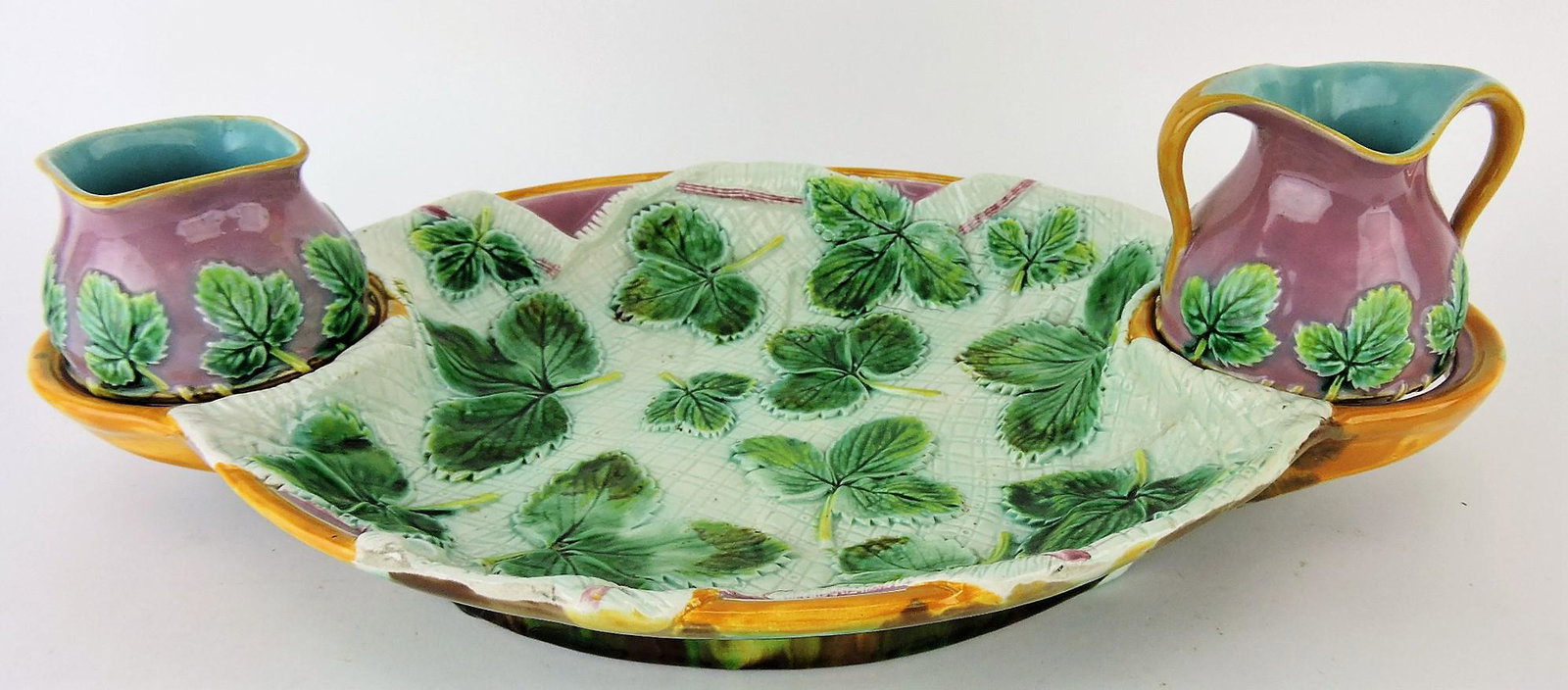 George Jones majolica strawberry and: napkin server with cream and sugar, 15"