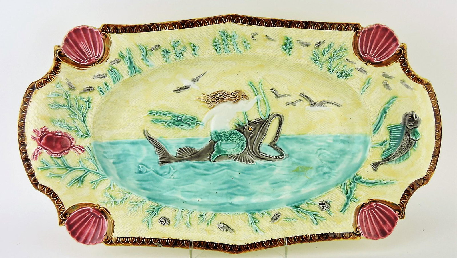 French majolica large seafood platter: with mermaid and fish in sea, shell corners, and other sea life, 21"x12"