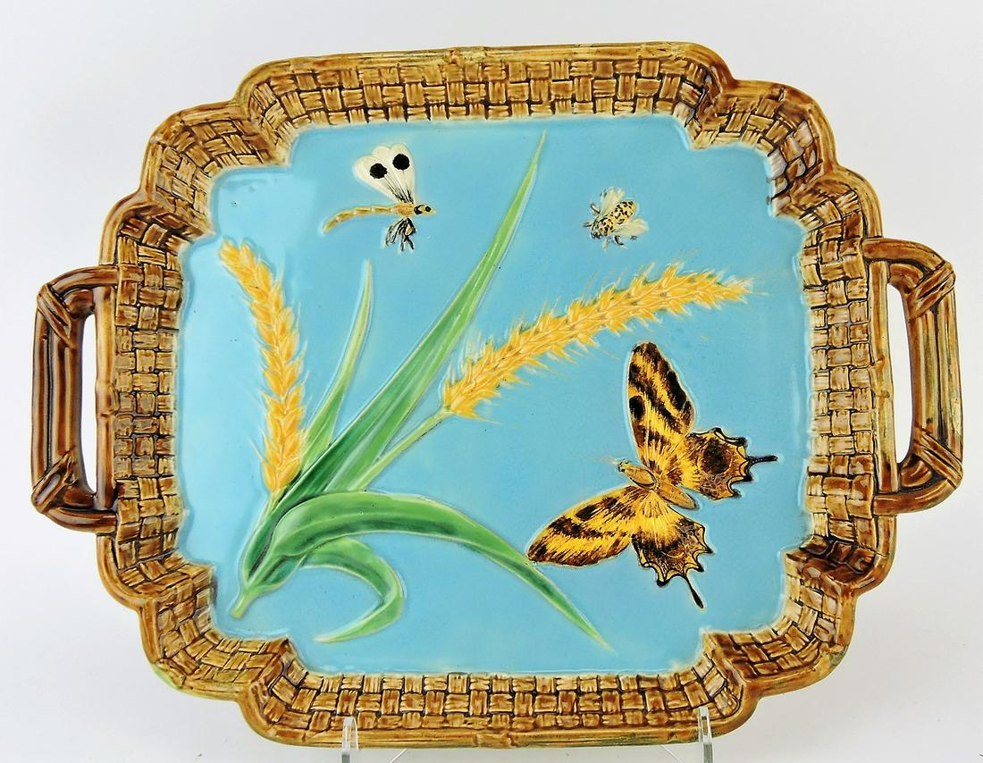 George Jones majolica turquoise: butterfly, bee, dragonfly, and wheat tray with wicker border, 13"
