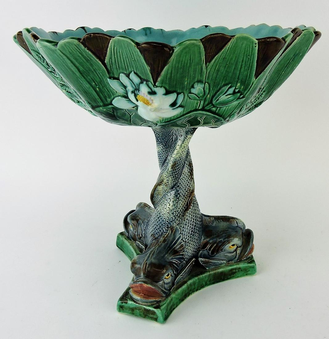 Holdcroft majolica compote with: three intertwined dolphins supporting pond lily bowl, 9 1/2"