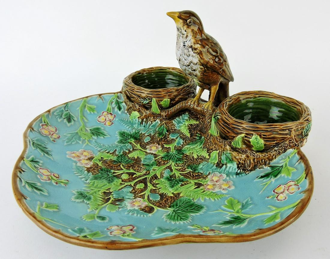 George Jones majolica bird: strawberry server with nests forming cream and sugar, 11"w, bird professionally re-attached