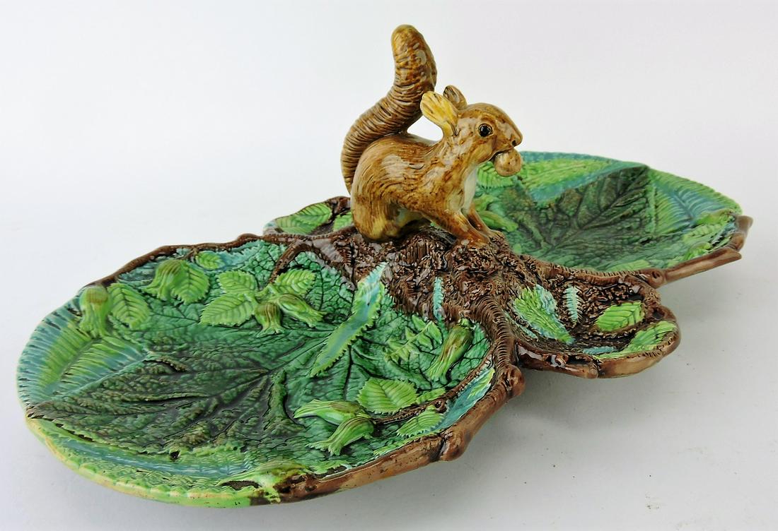George Jones majolica two part: server with squirrel handle, 13 1/2", professional rim repair