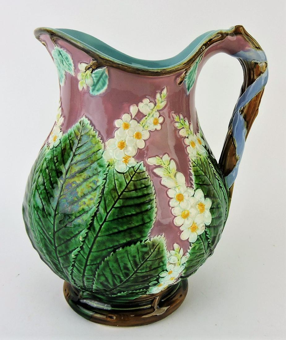 George Jones majolica pink chestnut: leaf pitcher, 9", professional rim repair
