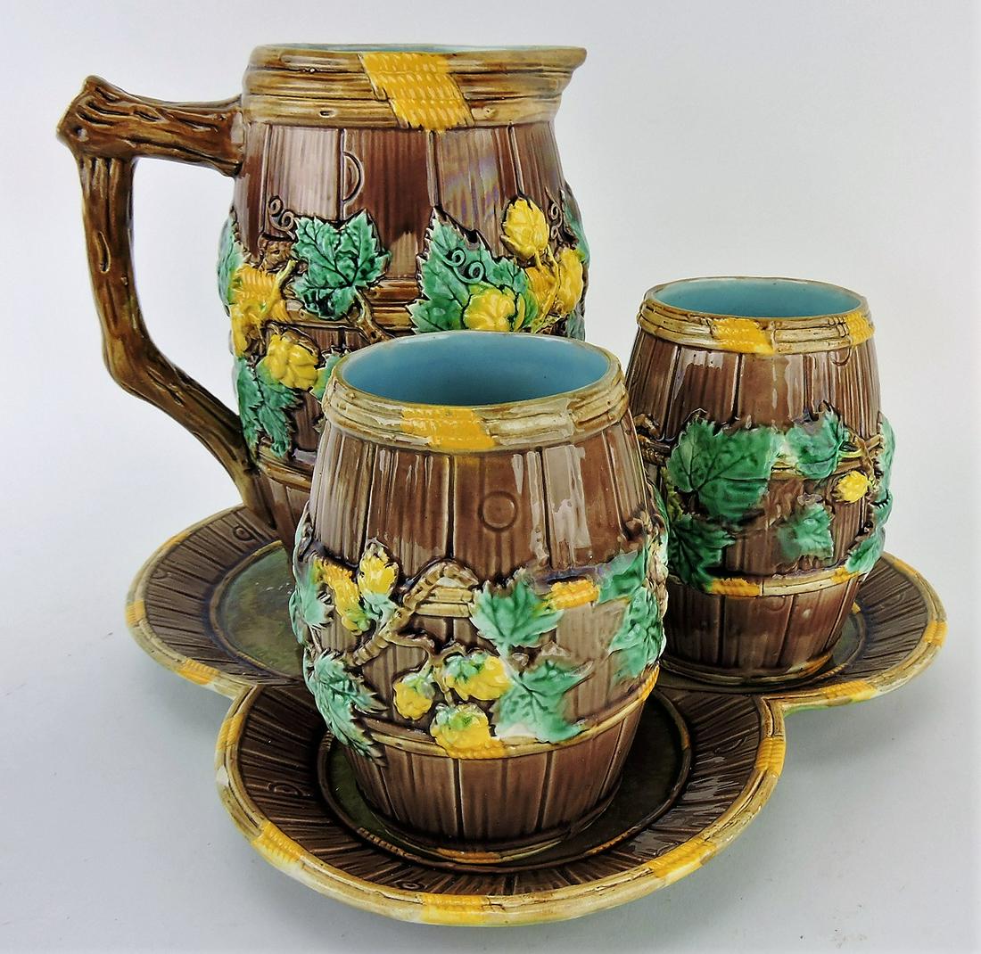 George Jones majolica rustic cider: set with barrel and hops pitcher, 7 3/4", and 2 barrel and hops tumblers, 5", on tray, 11"