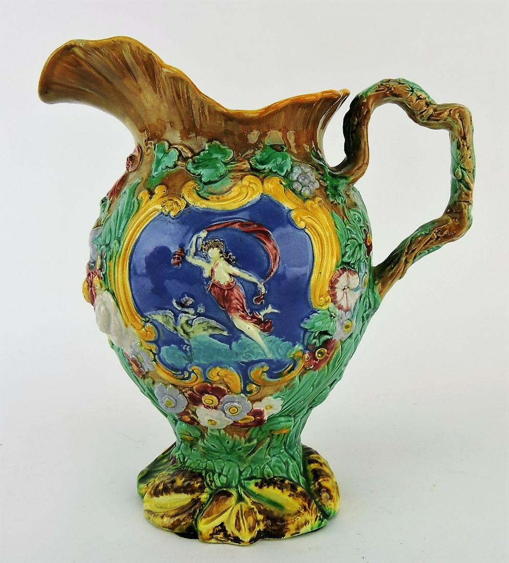 Copeland majolica pitcher with: classical ocean scene, shell base, and grape vine handle, 8 1/2", professional rim repair