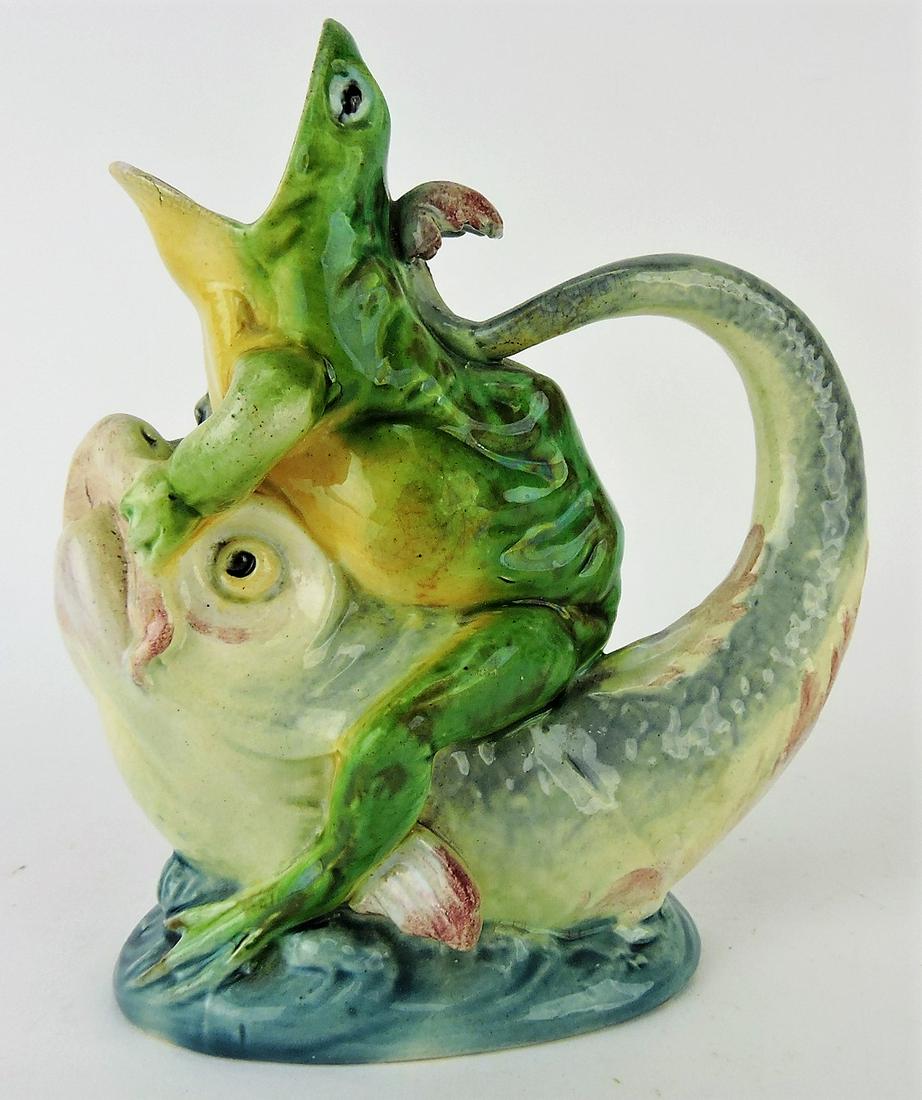 Minton majolica frog riding dolphin: figural pitcher, 6"
