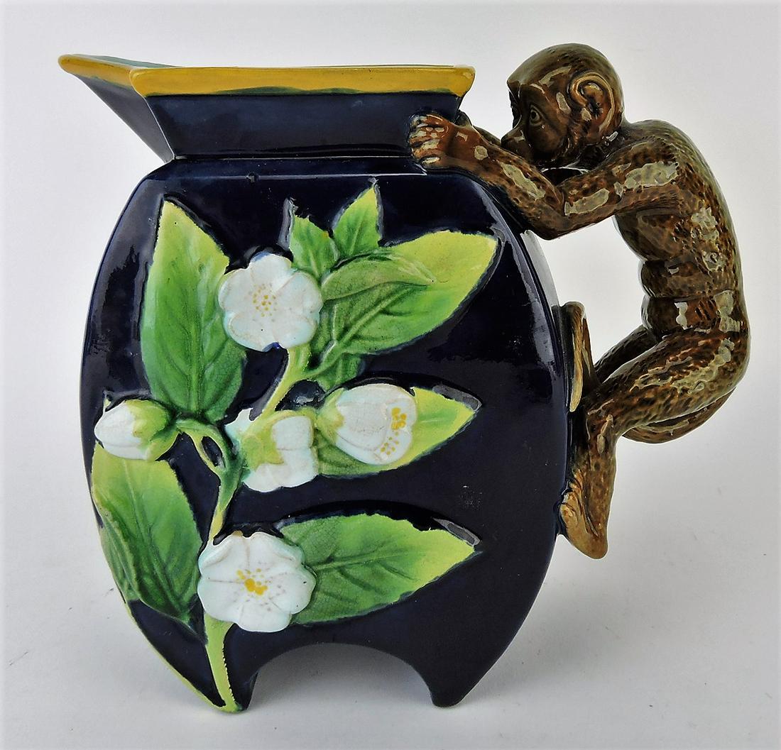 George Jones majolica monkey: handled pitcher, professional spout repair, 7"