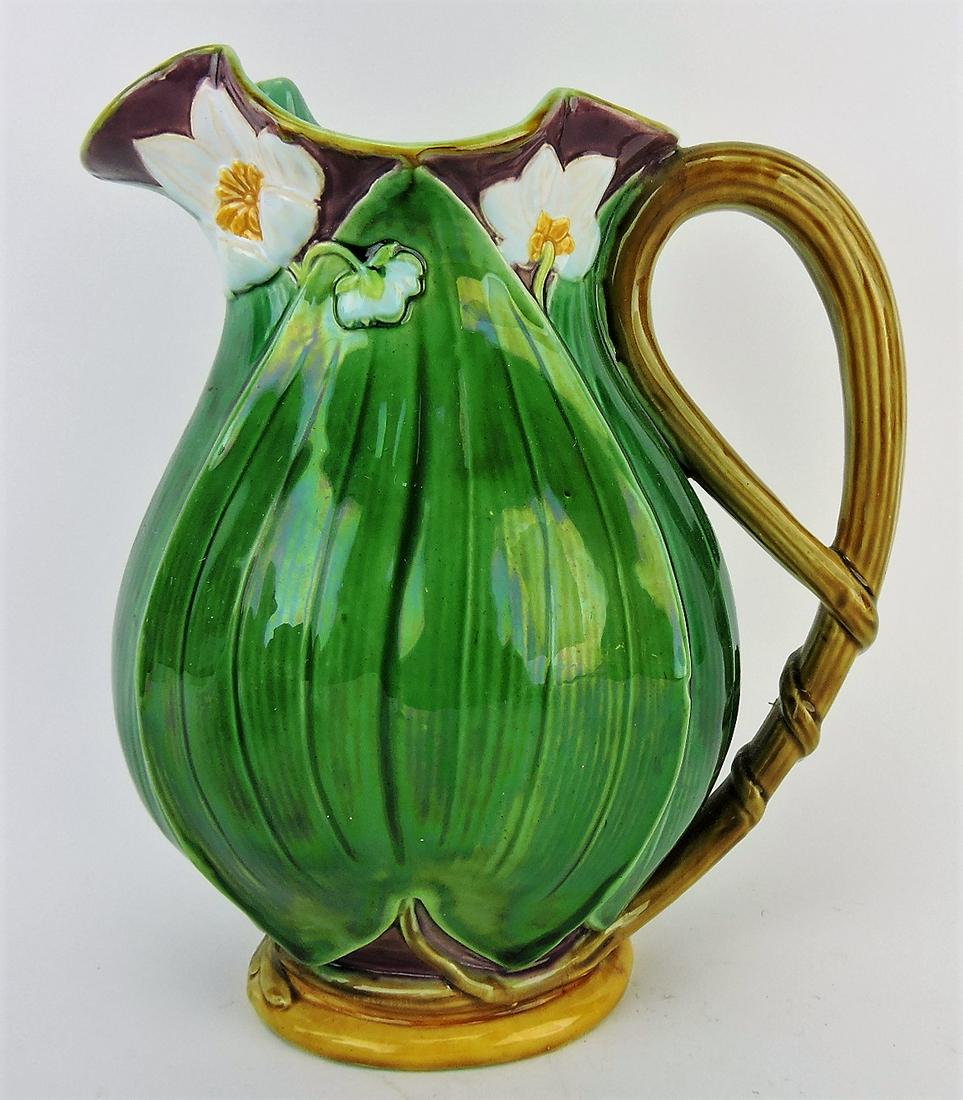 Minton majolica lily pitcher with pink: ground, 9"