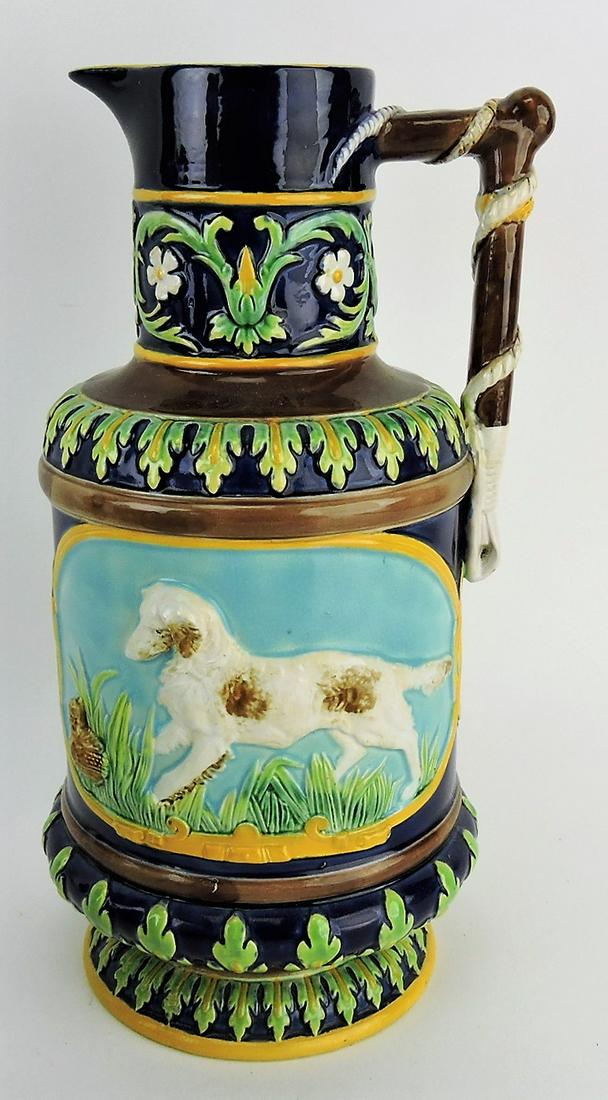 George Jones majolica cobalt: hunt pitcher with fox and rabbit on one side, dog and quail on the other, 10"