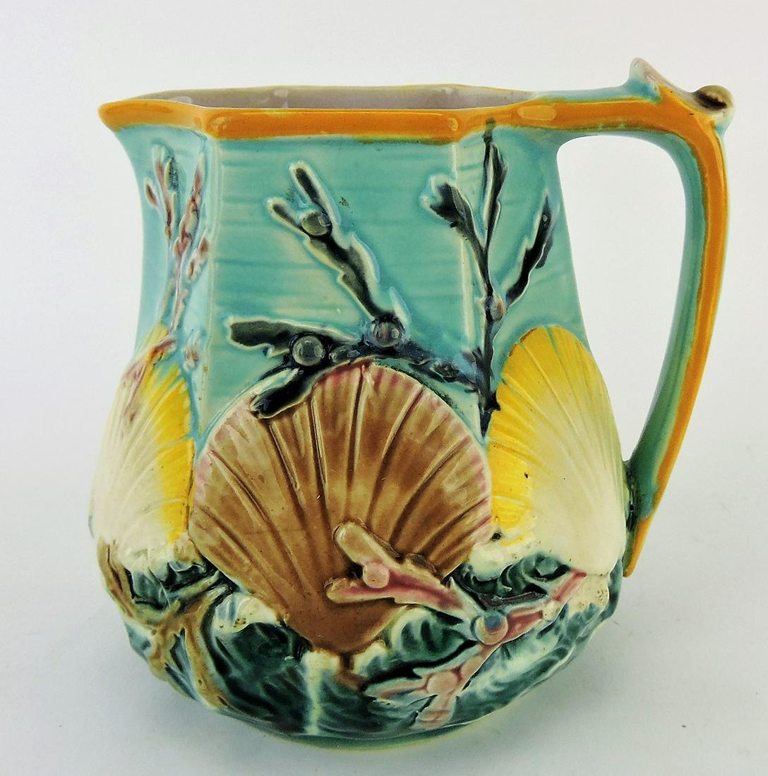 Wedgwood majolica shells on waves: pitcher, professional handle repair, 5"