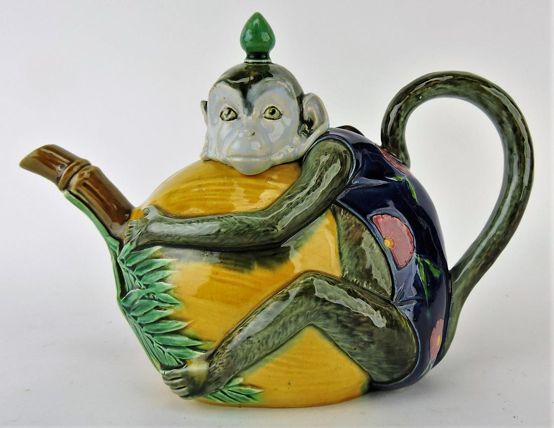 Minton majolica monkey figural: teapot, 8 1/2"