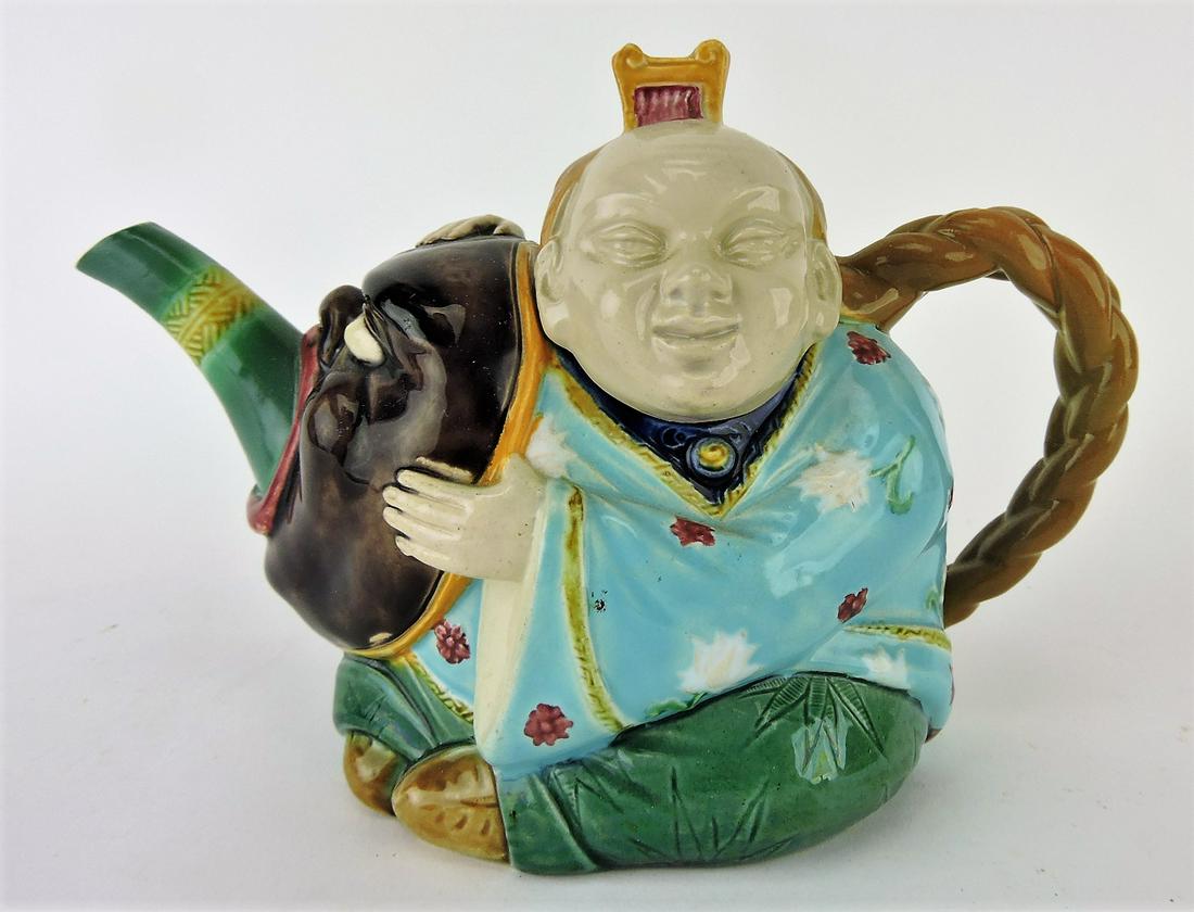 Minton majolica Chinaman figural: teapot, professional repair to spout and handle