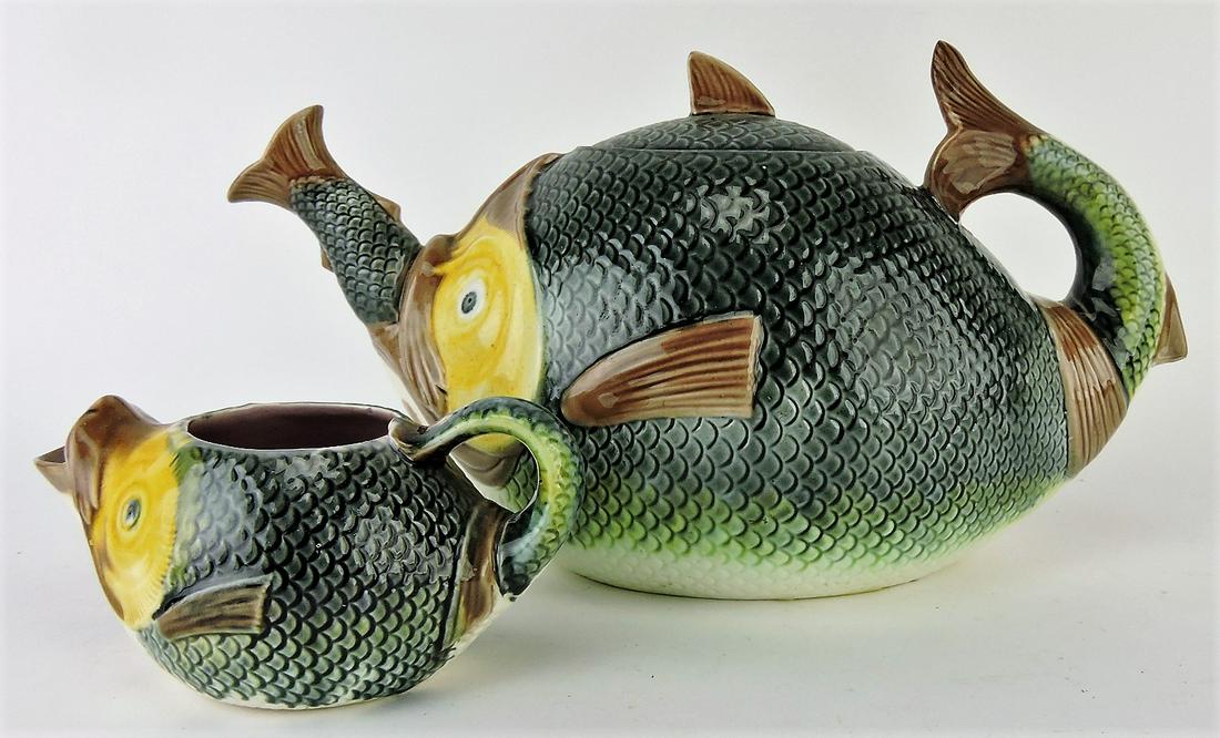 Adams & Bromley majolica fish: swallowing fish teapot and matching creamer, professional lid rim, tail, and spout repair