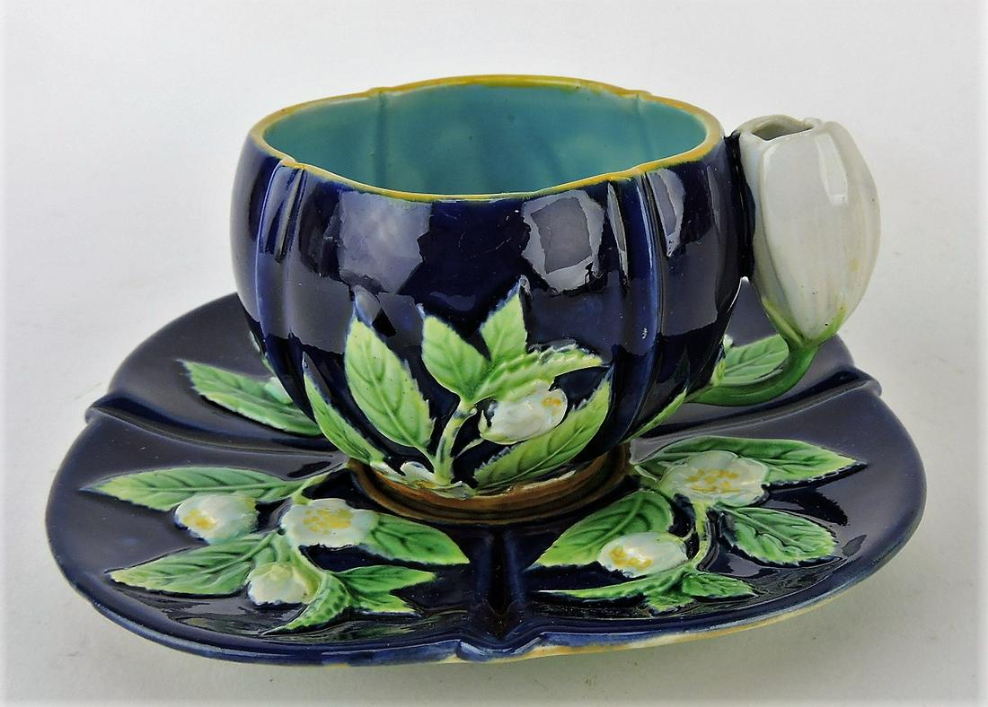 George Jones majolica cobalt floral: cup and saucer