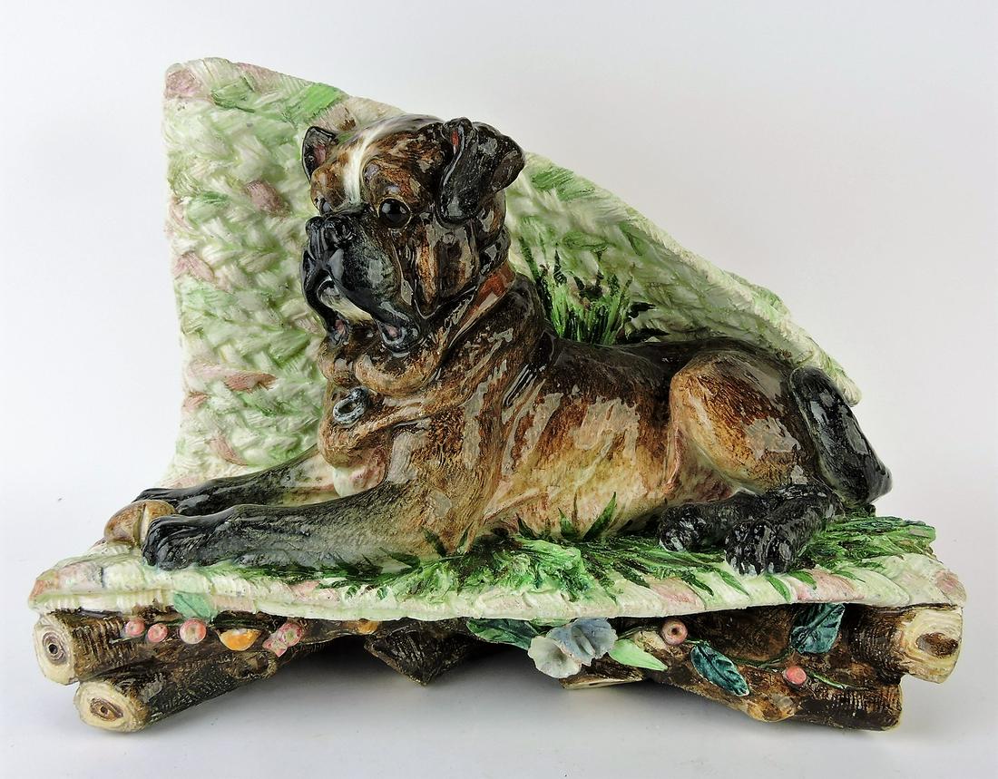 Theodore Deck rare majolica figural: jardiniere with dog with glass eyes on braided rug, 11"h, 15"w