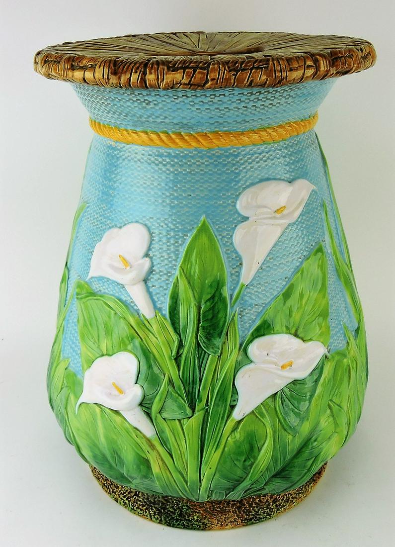 George Jones turquoise majolica: calla lily garden seat with rush top, 18", ref: Karmason-Stacke p.95