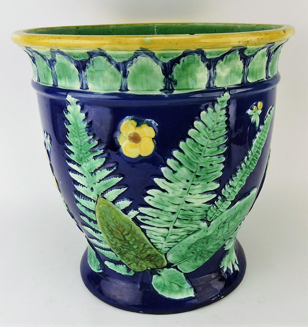Majolica cobalt floral and fern: jardiniere, 13 1/2"