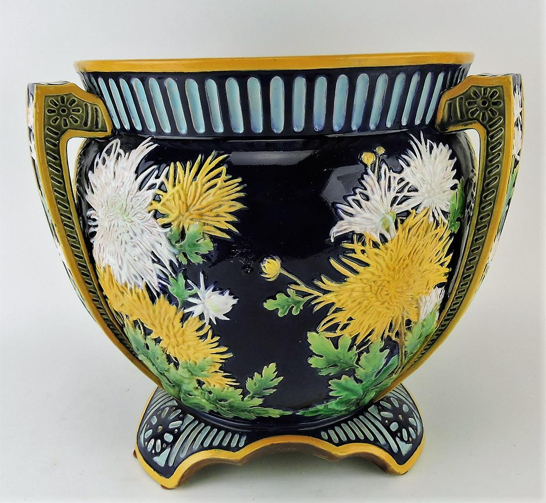 George Jones cobalt majolica: chrysanthemum tri-handled jardiniere, professional base repair, 13"