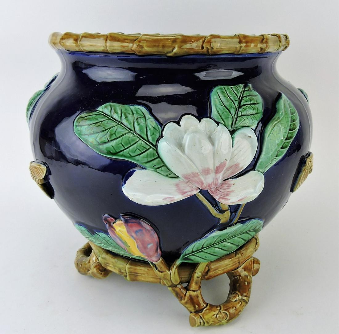 George Jones majolica cobalt: floral and bee jardiniere with vine feet, 11 1/2"h, 12 1/2"w, old staple repair to bottom