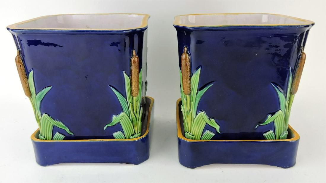 Minton cobalt majolica pair of: square cachepots with cattail corners, each with stand, 8"h
