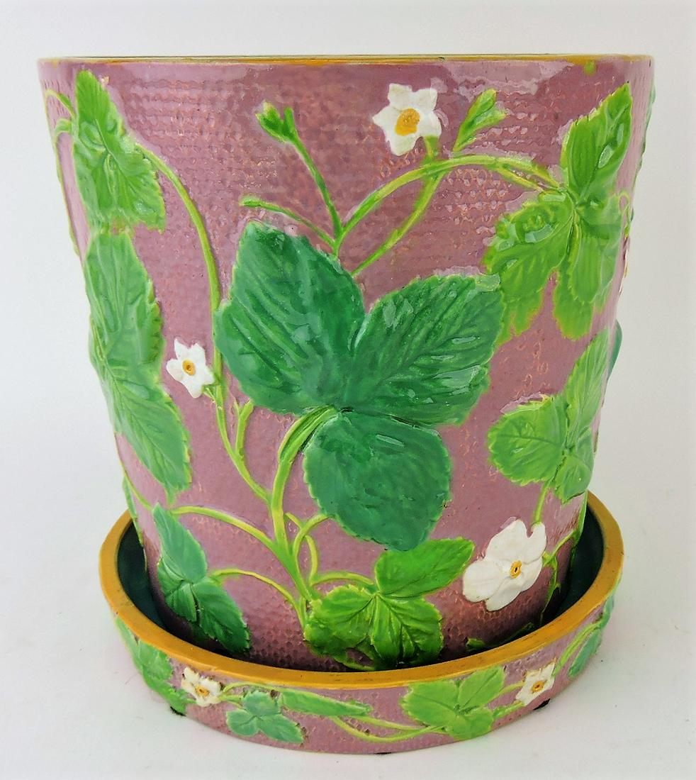 Minton pink majolica cachepot with: strawberry leaves and blossoms with stand, 8 1/2", professional hairline repair to both