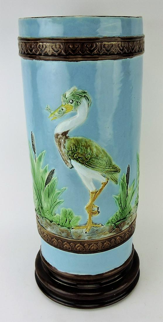 Holdcroft majolica turquoise stork: umbrella stand, 21", hairline
