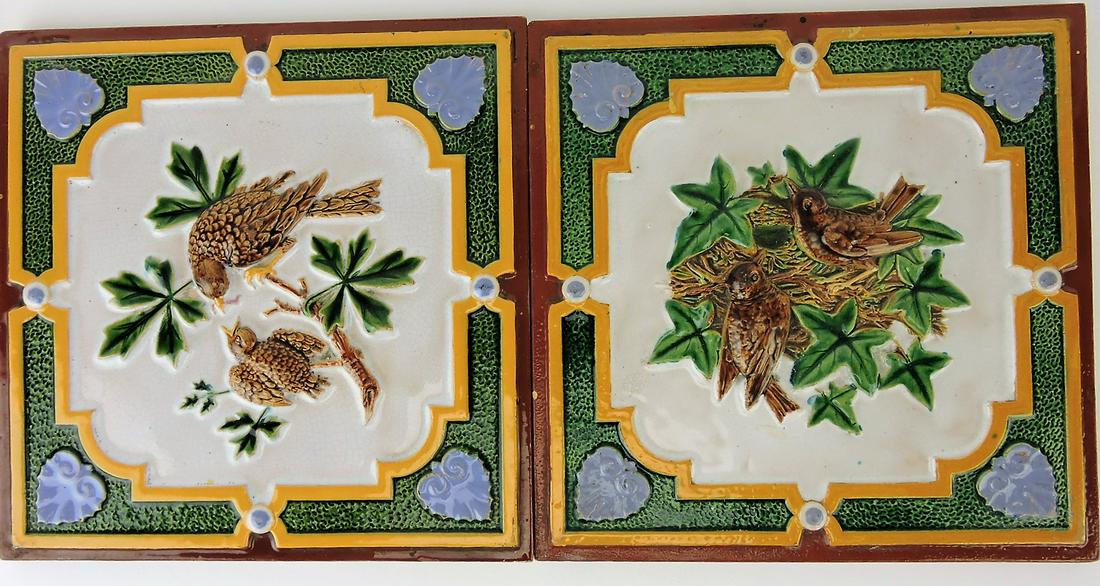 Minton majolica pair of 8" tiles: with birds