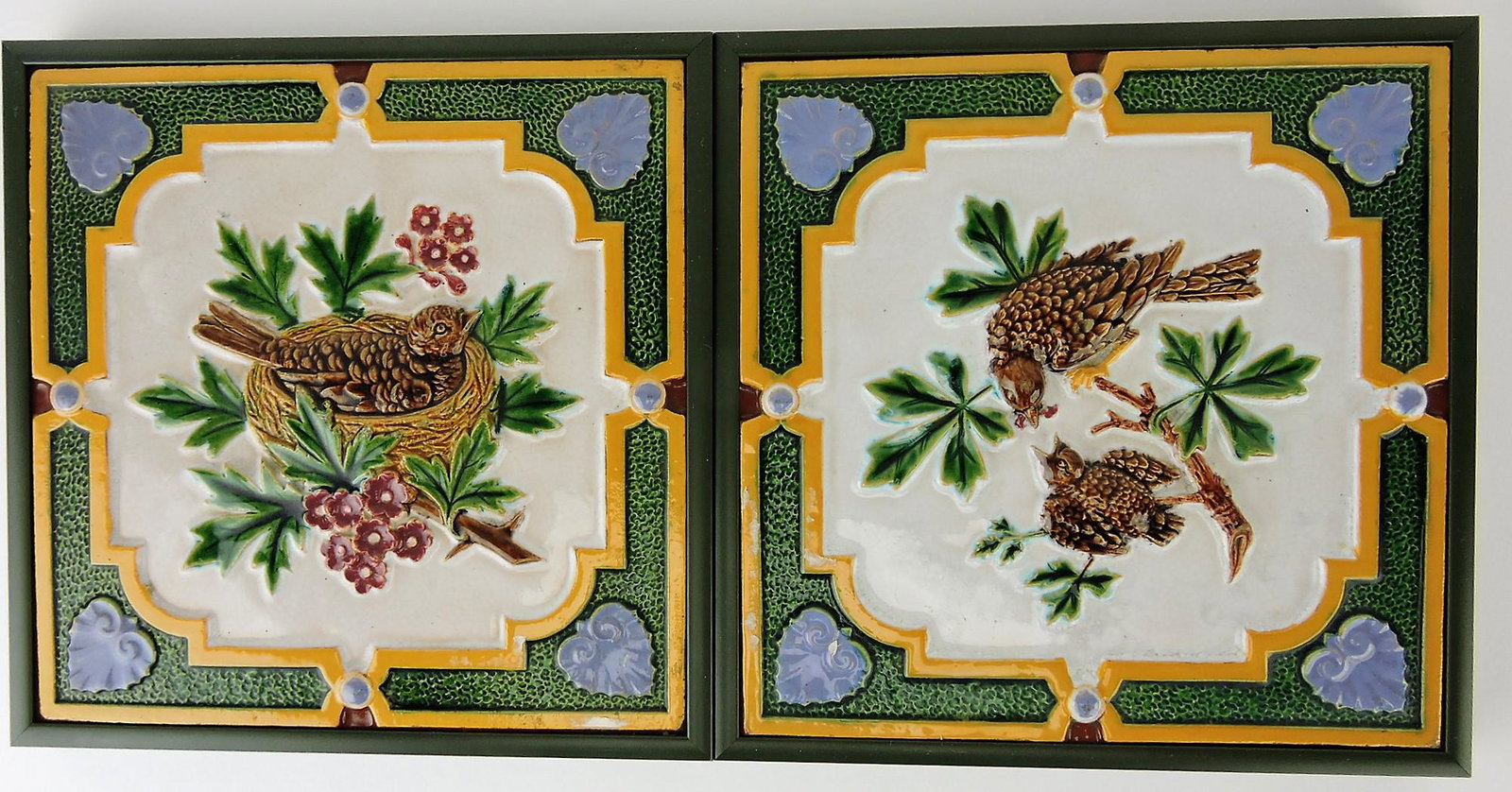 Minton majolica pair of 8" tiles: with birds in frame