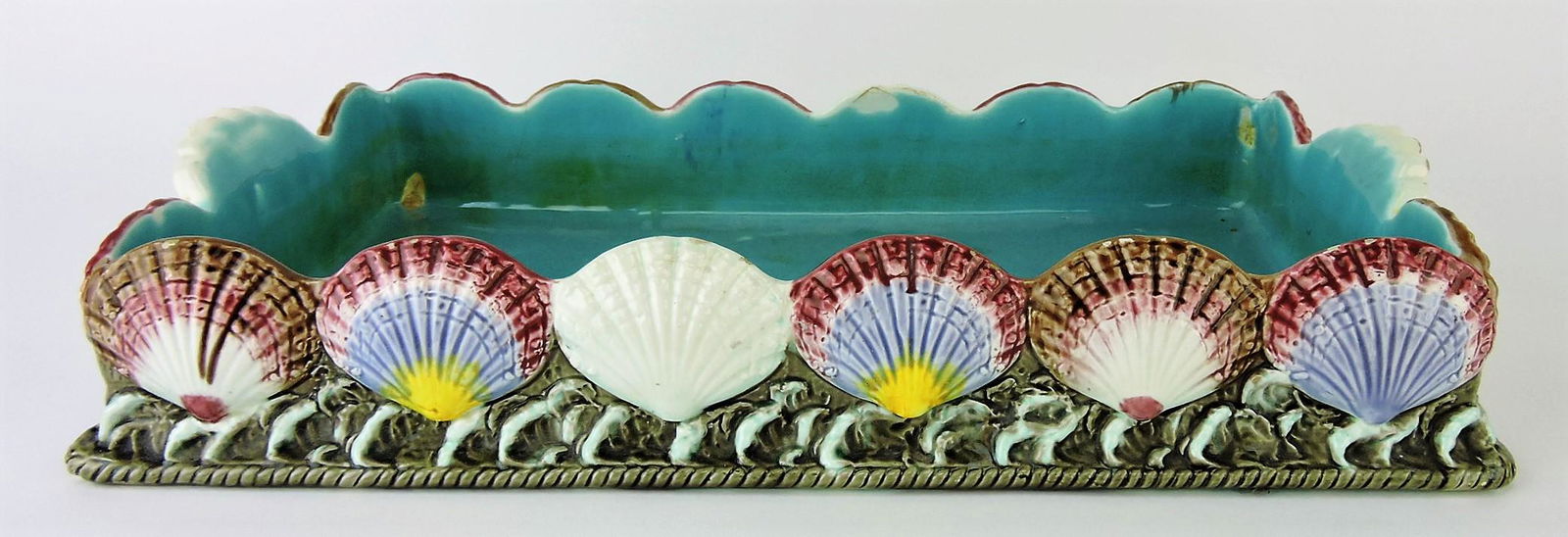 Wedgwood majolica shells on waves: rectangular tray, 15" x 8 1/2" x 2 3/4", hairline
