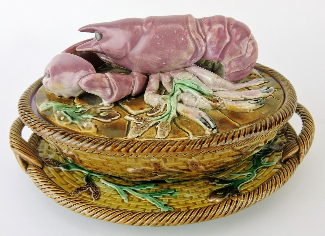 George Jones majolica pate' box: in form of large lobster atop basket, professional rim repair to lid, 9", Karmason Collection