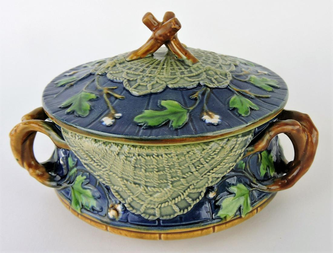 Minton majolica cobalt butter dish,: tri-handled, 6"d, professional handle repair