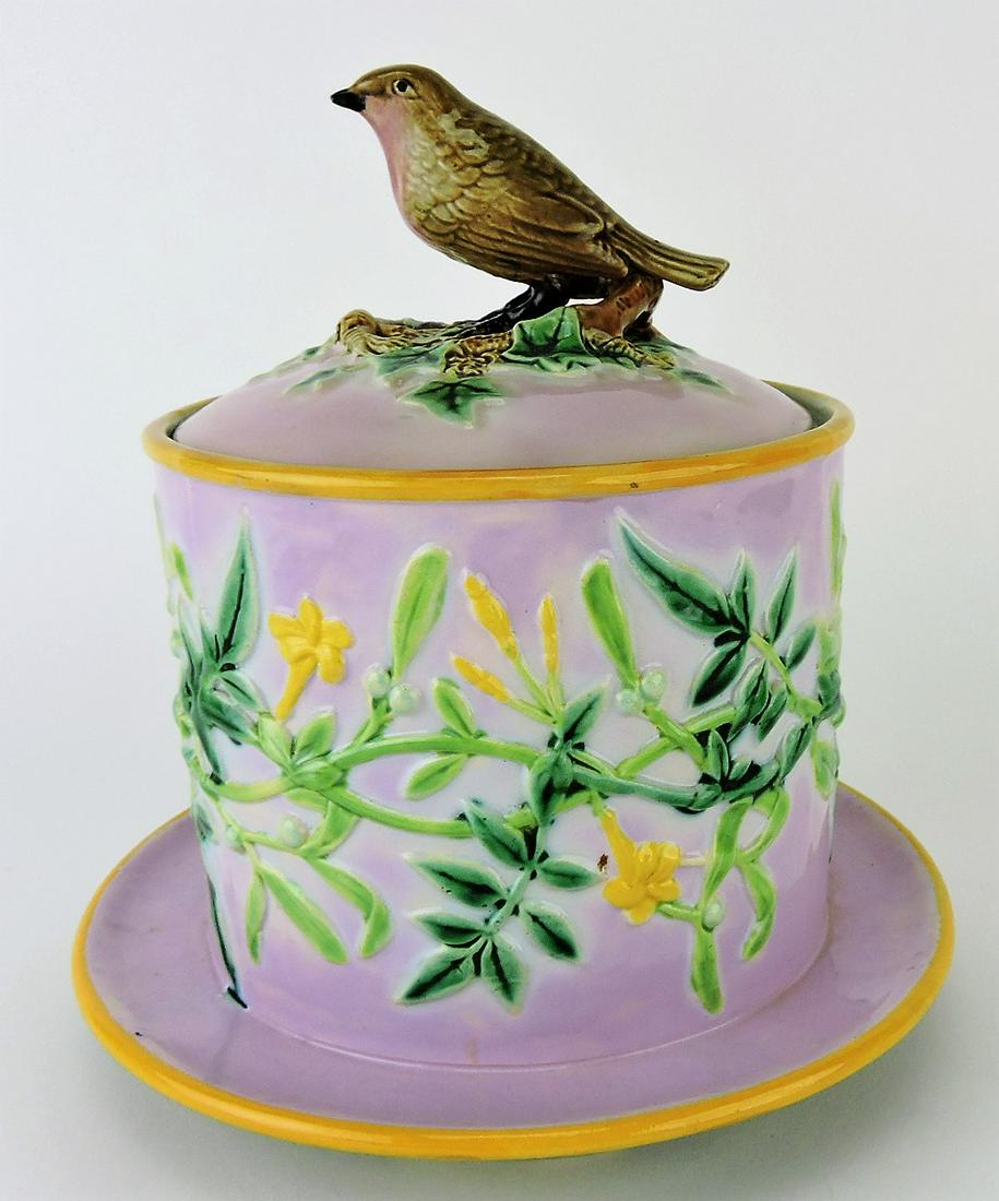 George Jones rare majolica: biscuit barrel with bird on lid, 8 1/2", professional repair to lid