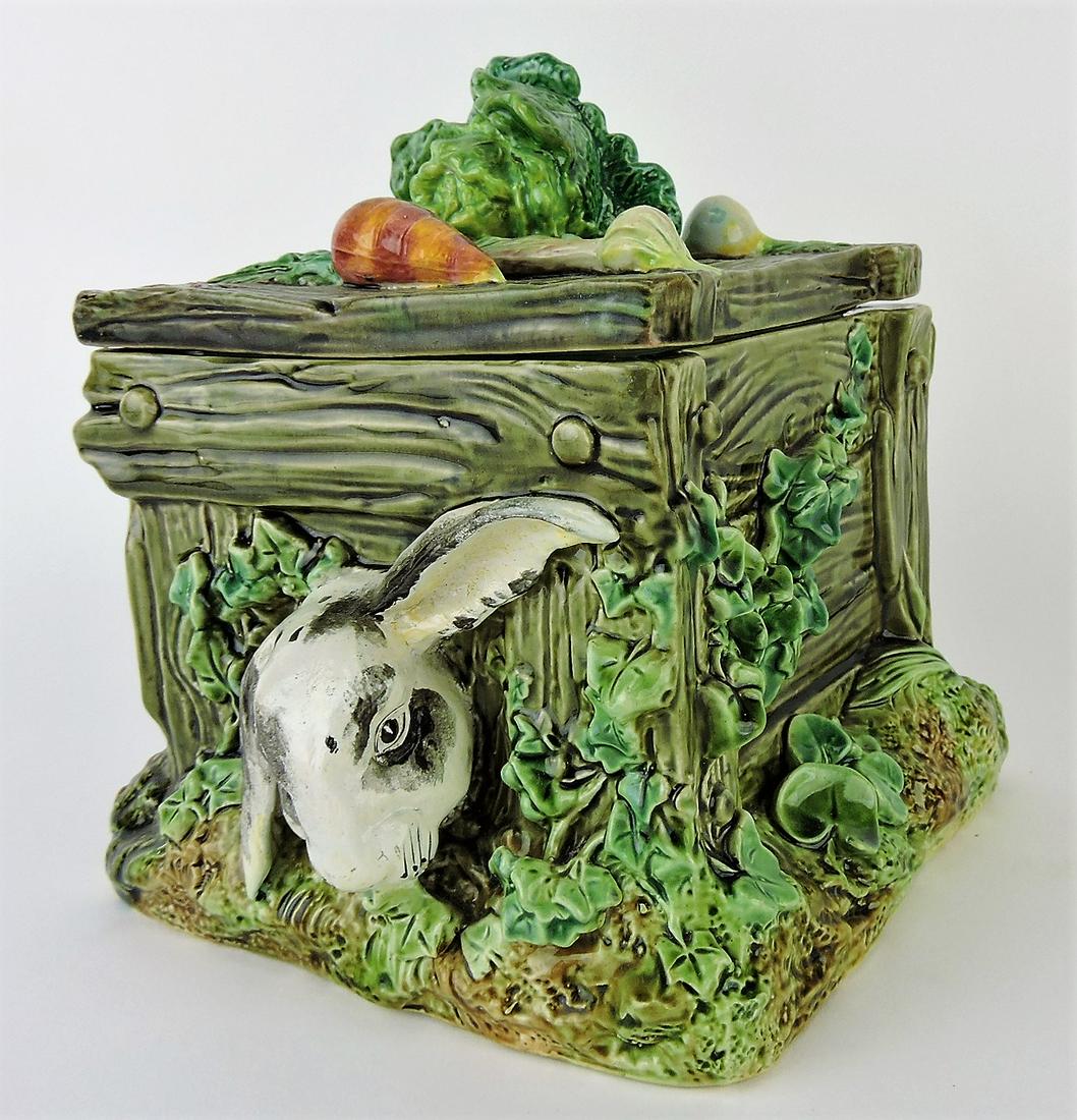 T.C. Brown Westhead & Moore Co: majolica rabbit in crate covered box with vegetables, 7 1/2"h