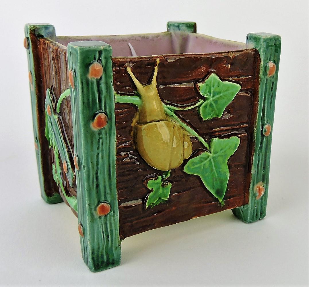 Royal Worcester majolica crate: toothpick holder with snail, butterfly, and ivy, 2 1/2"
