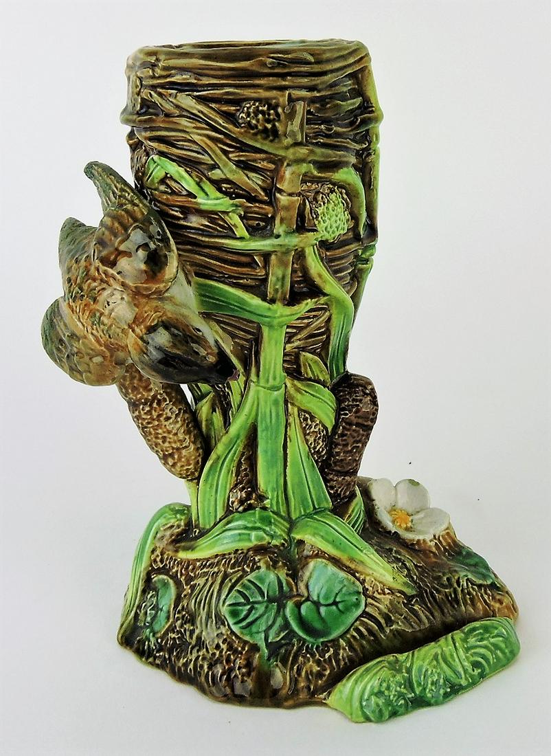 George Jones majolica wren and: nest menu holder, 5 1/2", repair to bird's wing and tail