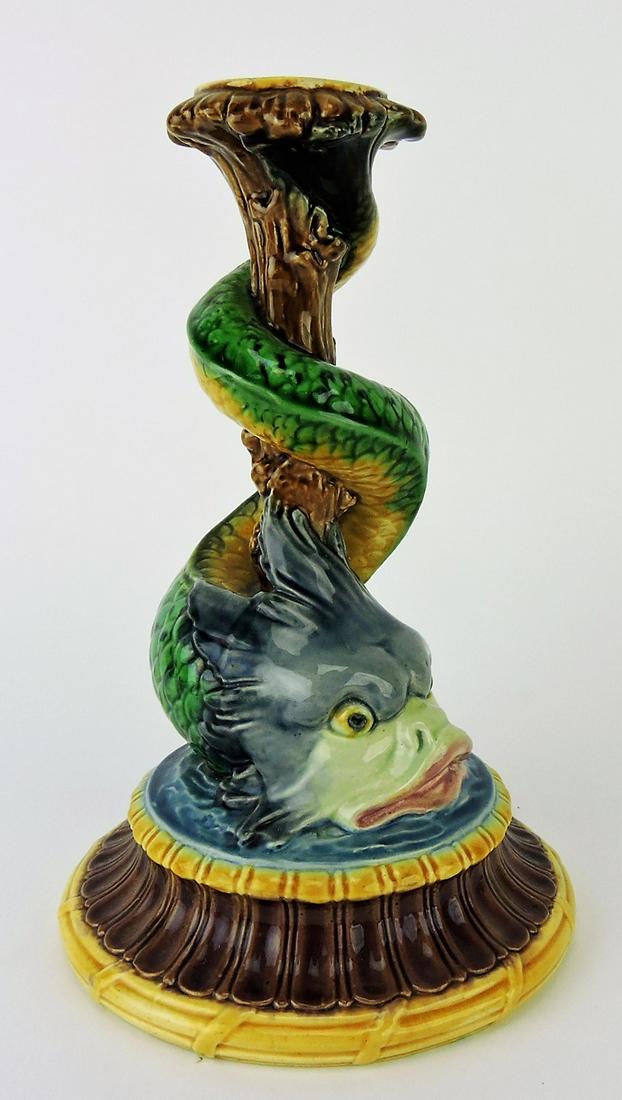 Minton majolica dolphin compote: base/candle holder, 8"