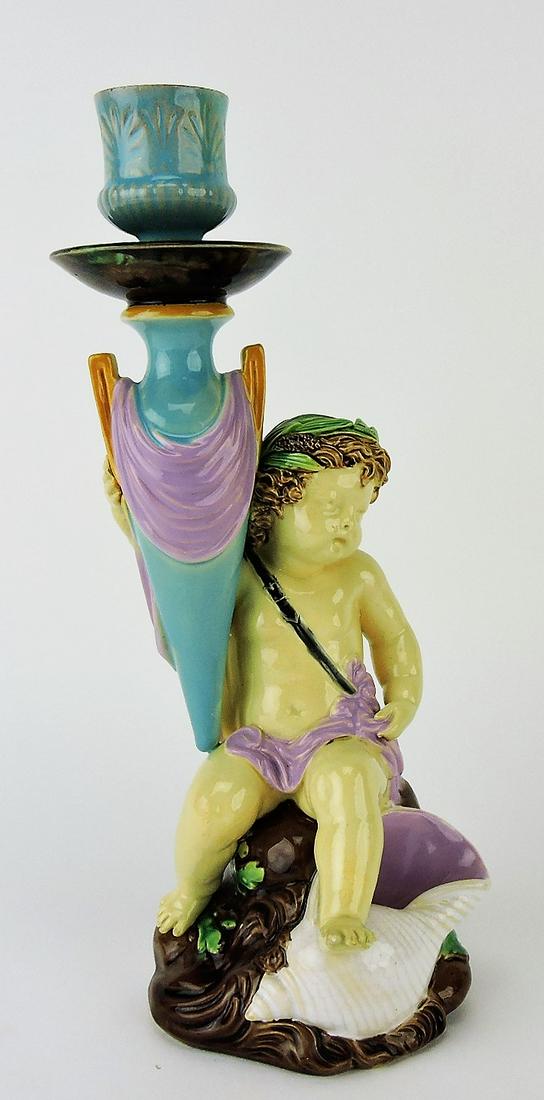 George Jones majolica putti on: shell candlestick, 11"