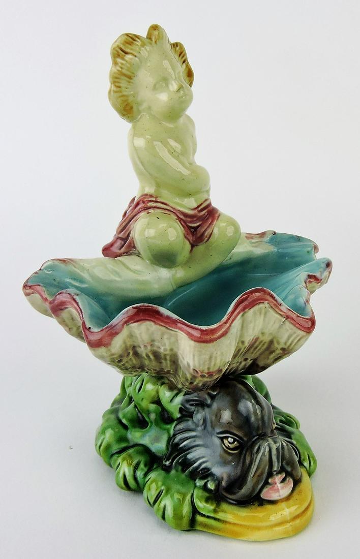 Holdcroft majolica putti on: shell figural salt, 6"